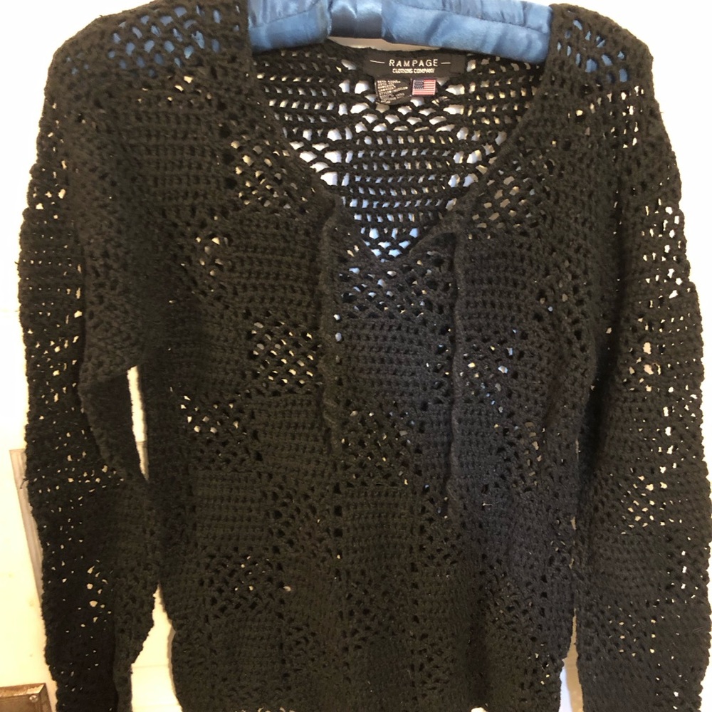 Vintage 1990’s Goth Punk Rampage Brand Women's Black V-Neck Crochet Sweater